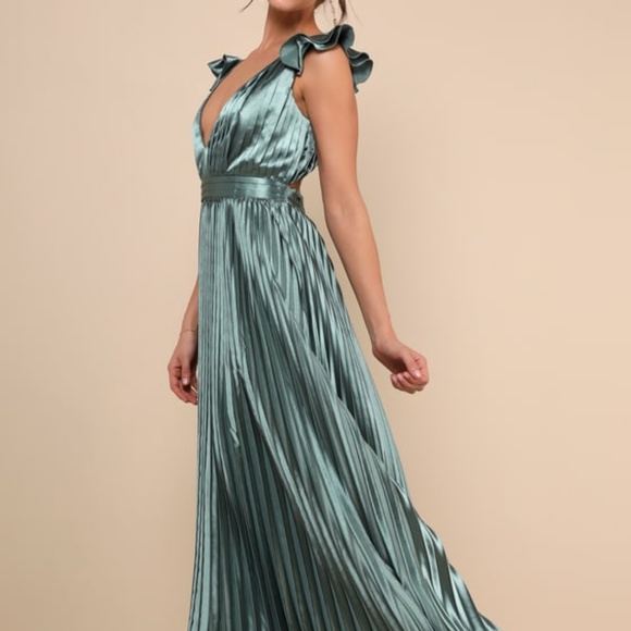 Lulus Dresses & Skirts - Lulus Exceptional Drama Sage Green Satin Lace-up Pleated Maxi Dress - Size 3X